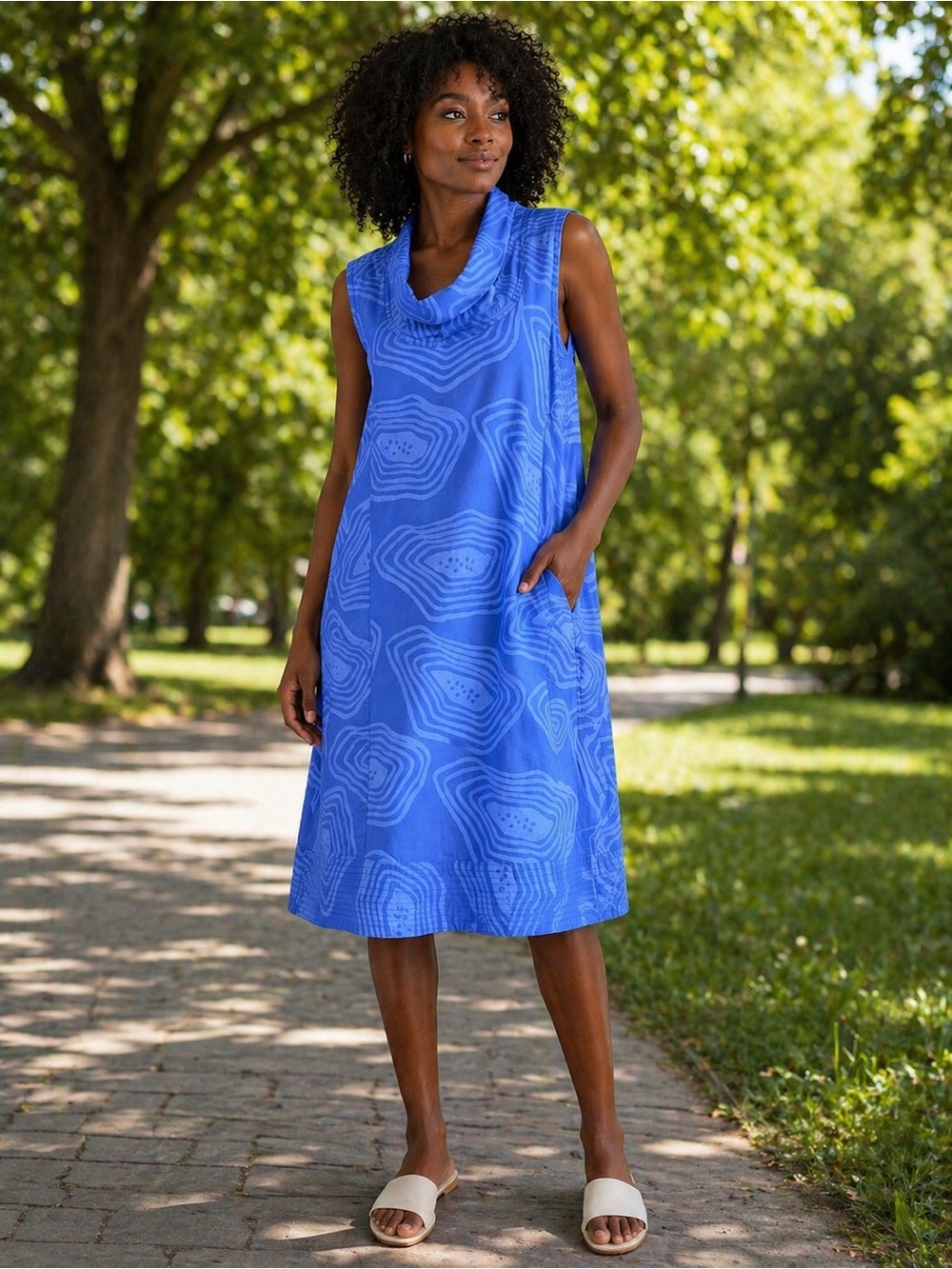 Sleeveless Cowl-Neck Royal Blue Midi Dress with Pockets